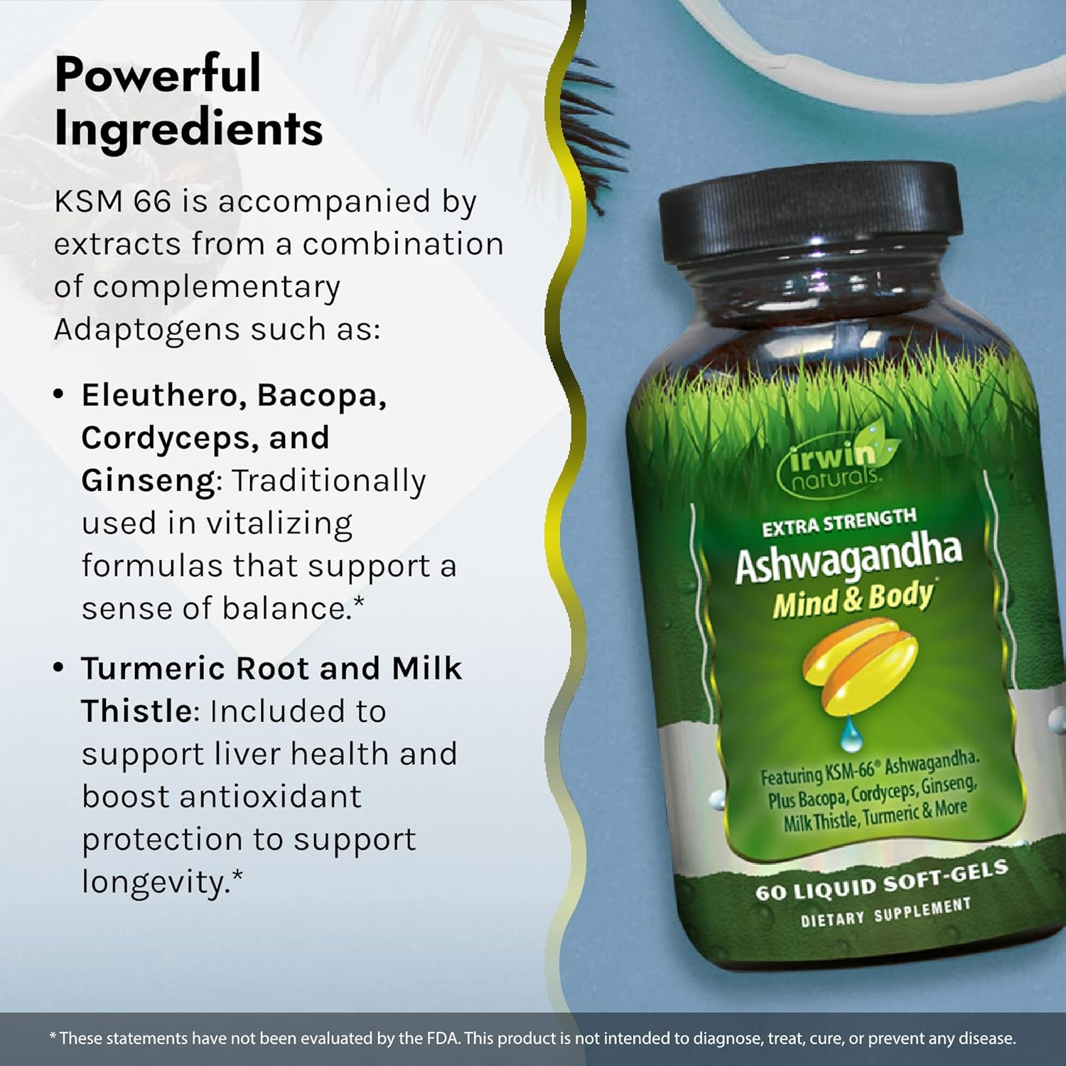 Irwin Naturals Extra Strength Ashwagandha - 60 Liquid Soft-Gels - Helps Boost Physical & Mental Performance - with Tumeric & Milk Thistle - 60 Servings : Health & Household