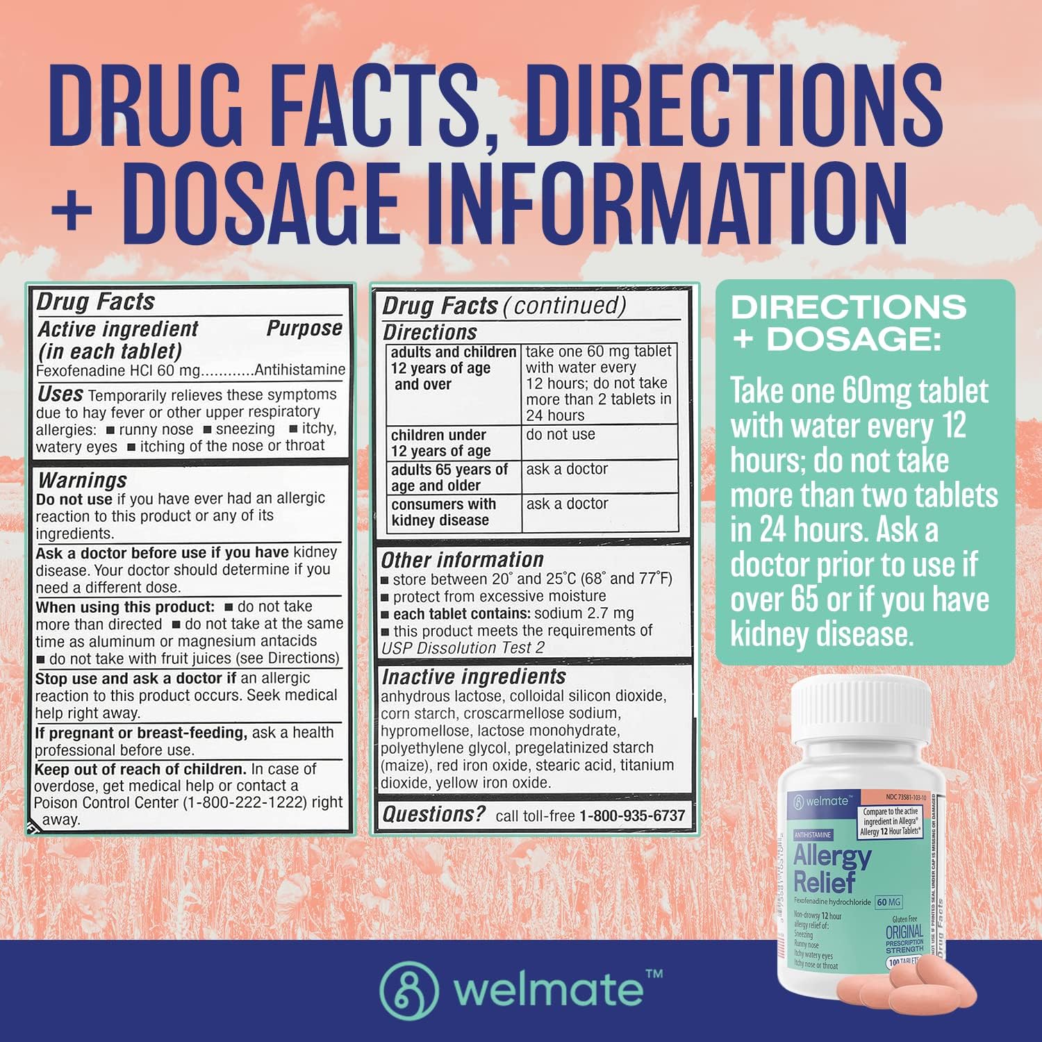 WELMATE Allergy Relief | Fexofenadine HCl 60 mg Non-Drowsy Antihistamine | 100 Count Tablets | 12 Hour All Day Support : Baby