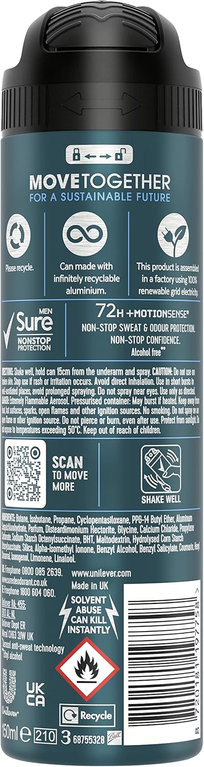 Sure Men Nonstop Protection Invisible Ice Fresh Anti-Perspirant Aerosol Men'S Deodorant Spray With Body Heat Activated Technology That Leaves No Marks For 72 Hour Odour And Sweat Protection 250 Ml