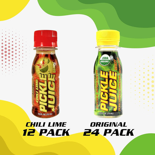 Pickle Juice Sports Drink Multi Pack - Extra Strength Regular & Chili Lime Shots - Electrolyte Pickle Juice Shots For Day & Night Time Cramp Relief - Pickle Juice For Leg Cramps - 2.5Oz, 36 Units