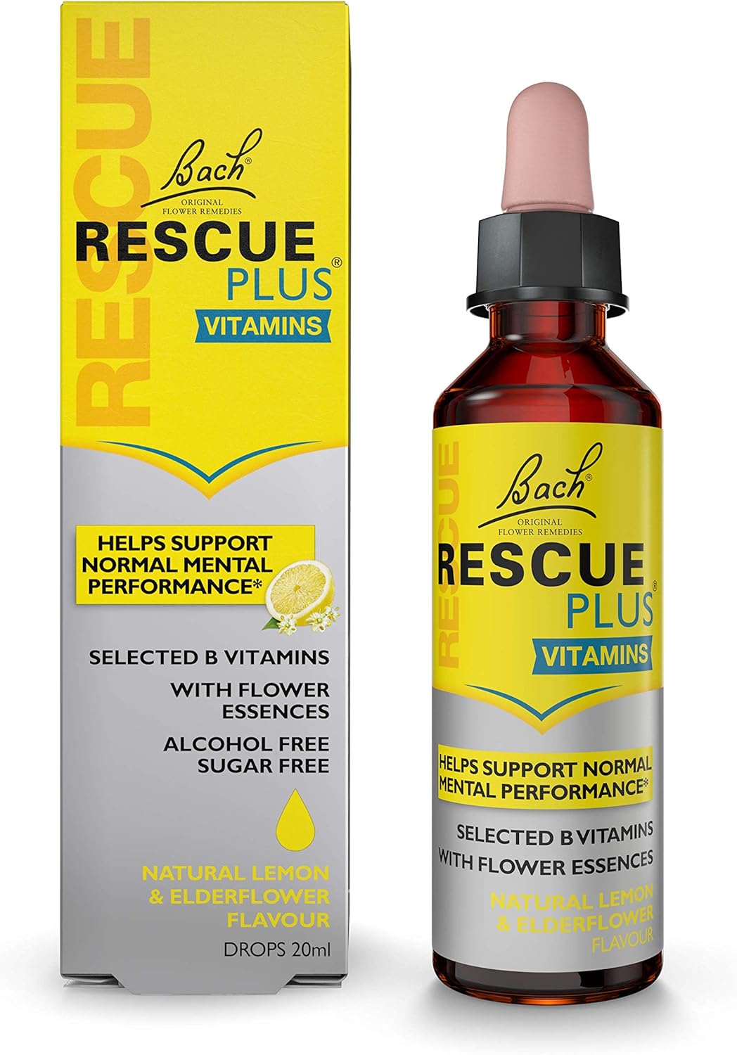 Rescue Remedy Plus B Vitamin & Flower Essences Dropper (20Ml), For Emotional Wellness And Mental Performance, Lemon & Elderflower Flavour, Natural Flower Essences, Alcohol Free, Sugar Free