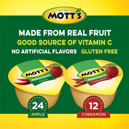 Mott'S Apple & Cinnamon Variety Pack Applesauce, 4 Oz Cups, 36 Count, No Artificial Flavors, Good Source Of Vitamin C, Nutritious Option For The Whole Family