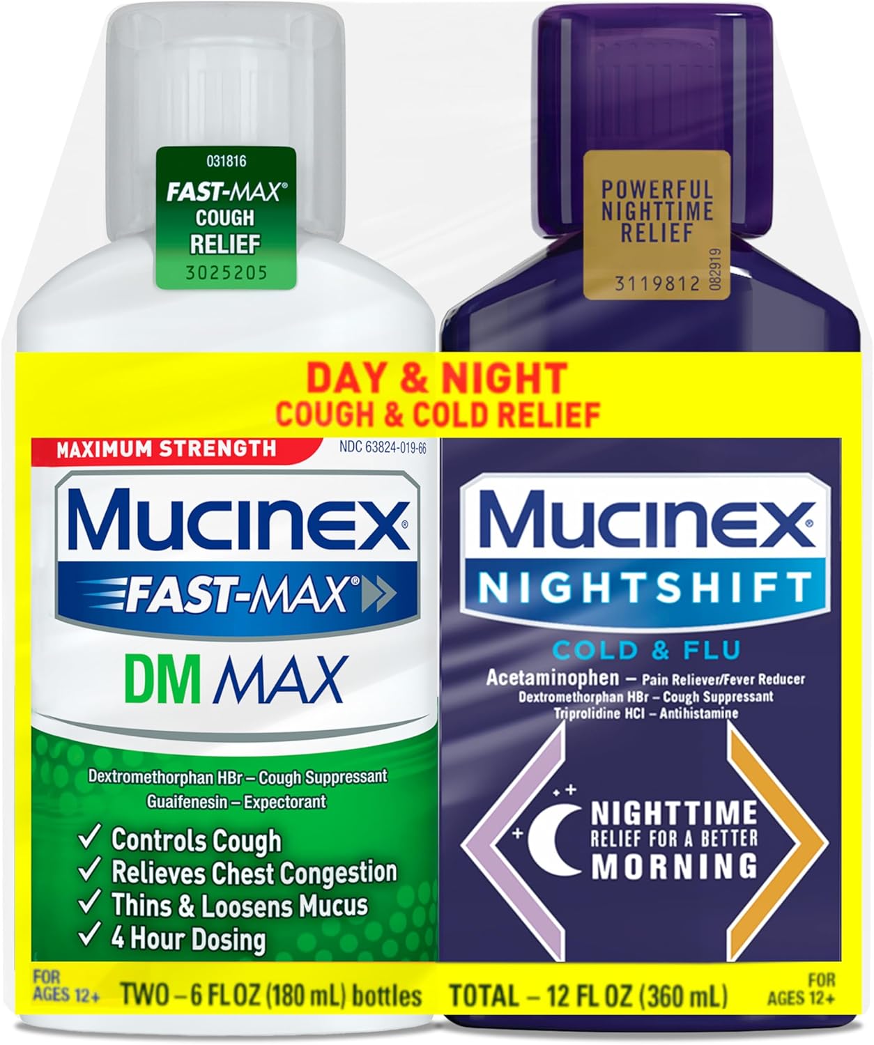 Maximum Strength Mucinex Fastmax Dm Max & Mucinex Nightshift Cold & Flu Liquid (2 X 6 Fl. Oz.) Thins & Loosens Mucus, Relieves Cough & Chest Congestion, Pain, Fever, Sneezing, Sore Throat, Runny Nose