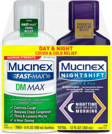 Maximum Strength Mucinex Fastmax Dm Max & Mucinex Nightshift Cold & Flu Liquid (2 X 6 Fl. Oz.) Thins & Loosens Mucus, Relieves Cough & Chest Congestion, Pain, Fever, Sneezing, Sore Throat, Runny Nose