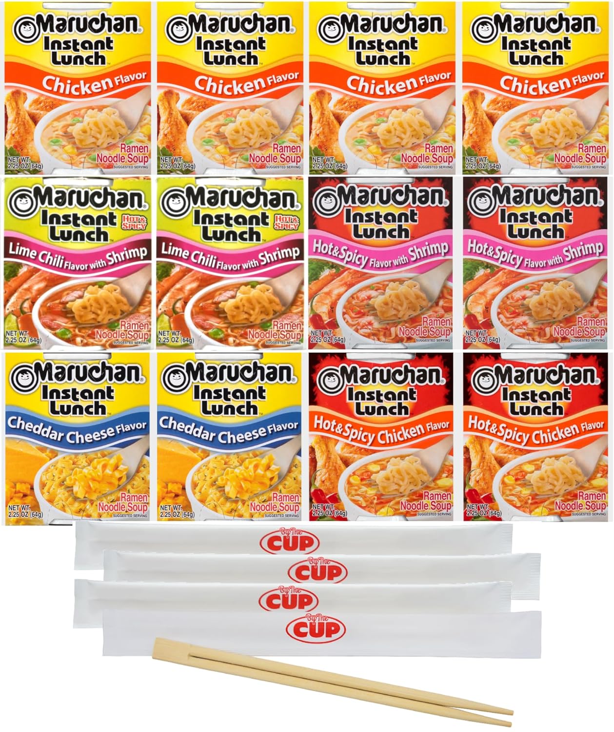 Maruchan Ramen Instant Lunch Variety, 5 Flavors, Chicken, Hot & Spicy Shrimp, Lime Chili Shrimp, Cheddar, Hot & Spicy Chicken (Pack of 12) with By The Cup Chopsticks