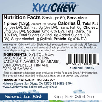 Xylichew 100% Xylitol Chewing Gum - Non Gmo, Non Aspartame, Gluten Free, And Sugar Free Gum - Natural Oral Care, Relieves Bad Breath And Dry Mouth - Ice Mint, 50 Count