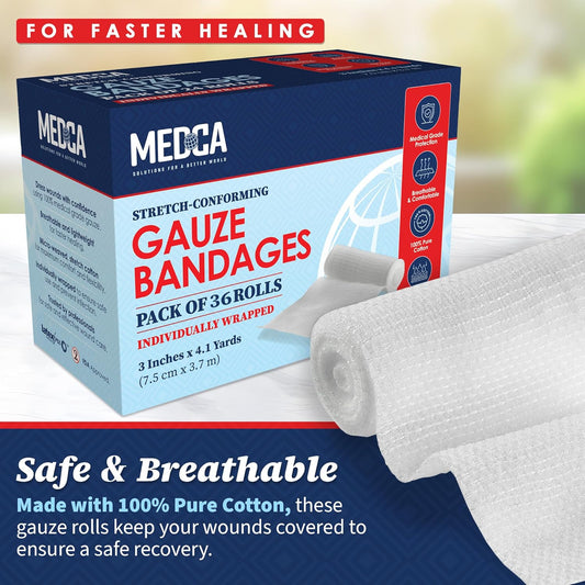 Gauze Bandage Rolls - (36 Pack) 3 In X 4.1 Yards Per Roll Of Medical Grade Gauze Bandage And Stretch Bandage Wrapping For Dressing All Types Of Wounds And First Aid Kit By Medca, (3-Inch, 36 Pcs)