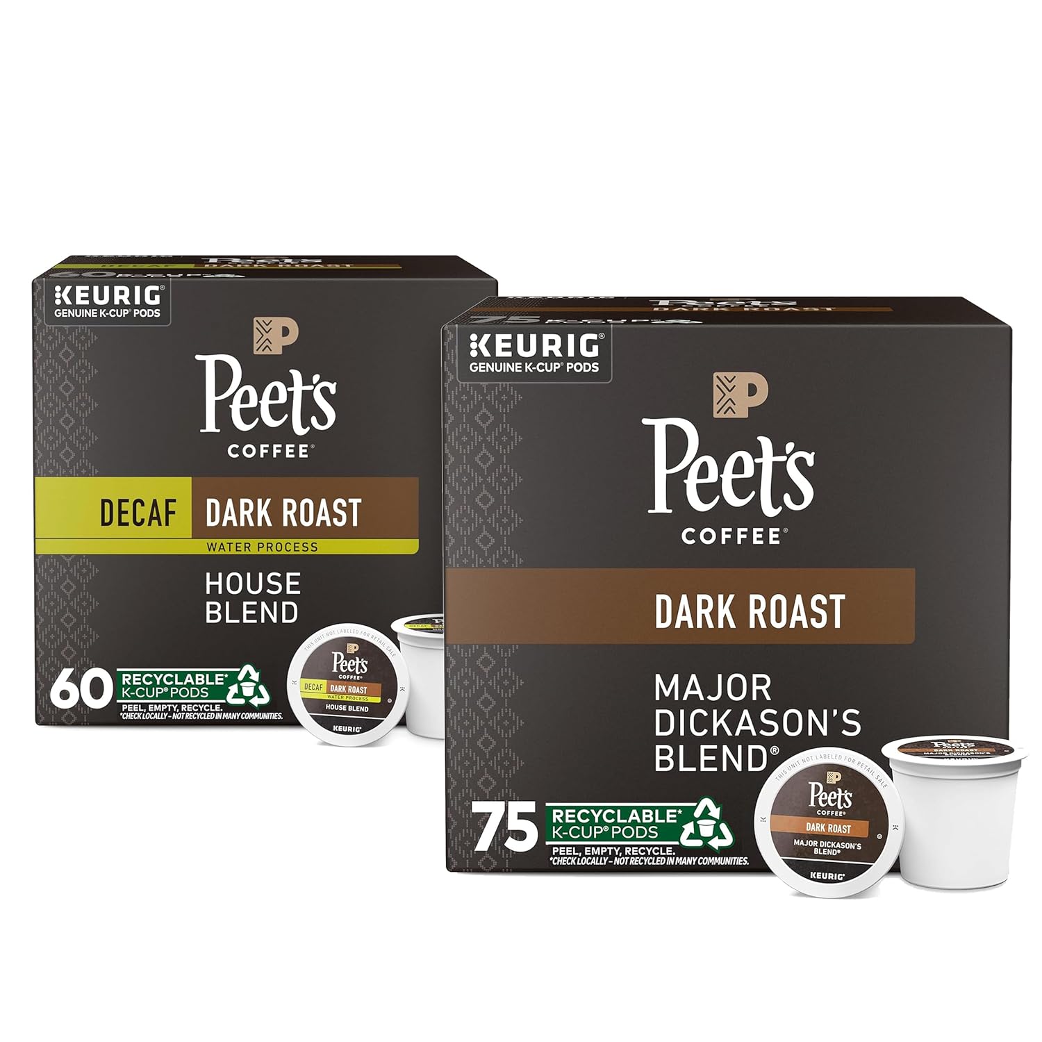 Bundle Of Peet'S Coffee, Dark Roast Decaffeinated K-Cup Pods For Keurig Brewers - Decaf House Blend, 60 Count + Dark Roast K-Cup Pods For Keurig Brewers - Major Dickason'S Blend 75 Count