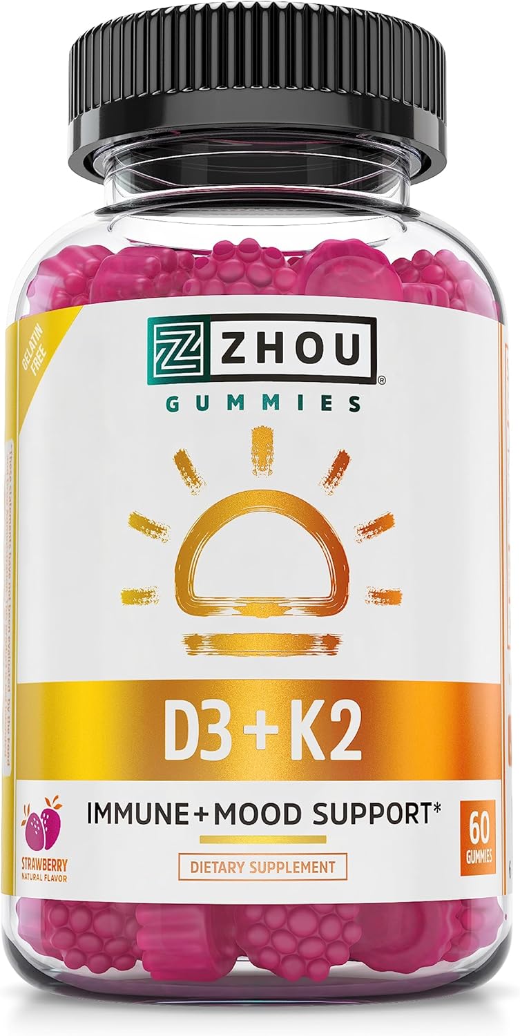 Zhou Nutrition Vitamin D3 K2 Gummies, Bone and Heart Health Formula 5000 IU Vitamin D3 & 90 mcg Vitamin K2, Max Strength 2 in 1 Immune Support and Calcium Absorption, Gluten Free, Strawberry, 60 Count