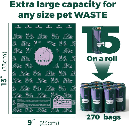 Dog Poop Bags Rolls, Extra Thick And Leak-Proof Recycled Poop Bags For Dogs, 270 Bags 18 Refill Rolls, Scented Waste Bag For Dog And Cat, Made From 65% Recycled Plastics