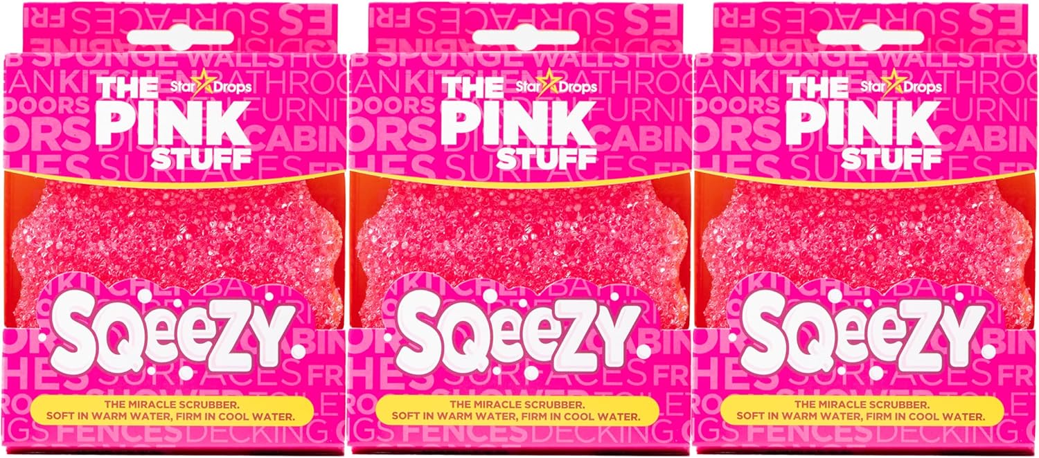 Stardrops – The Pink Stuff – Sqeezy Miracle Scrubber Sponge, Scratch Free Solution For Ultimate Home Cleaning - Perfect For Kitchens, Bathrooms, And Outdoor Use, 3-Pack