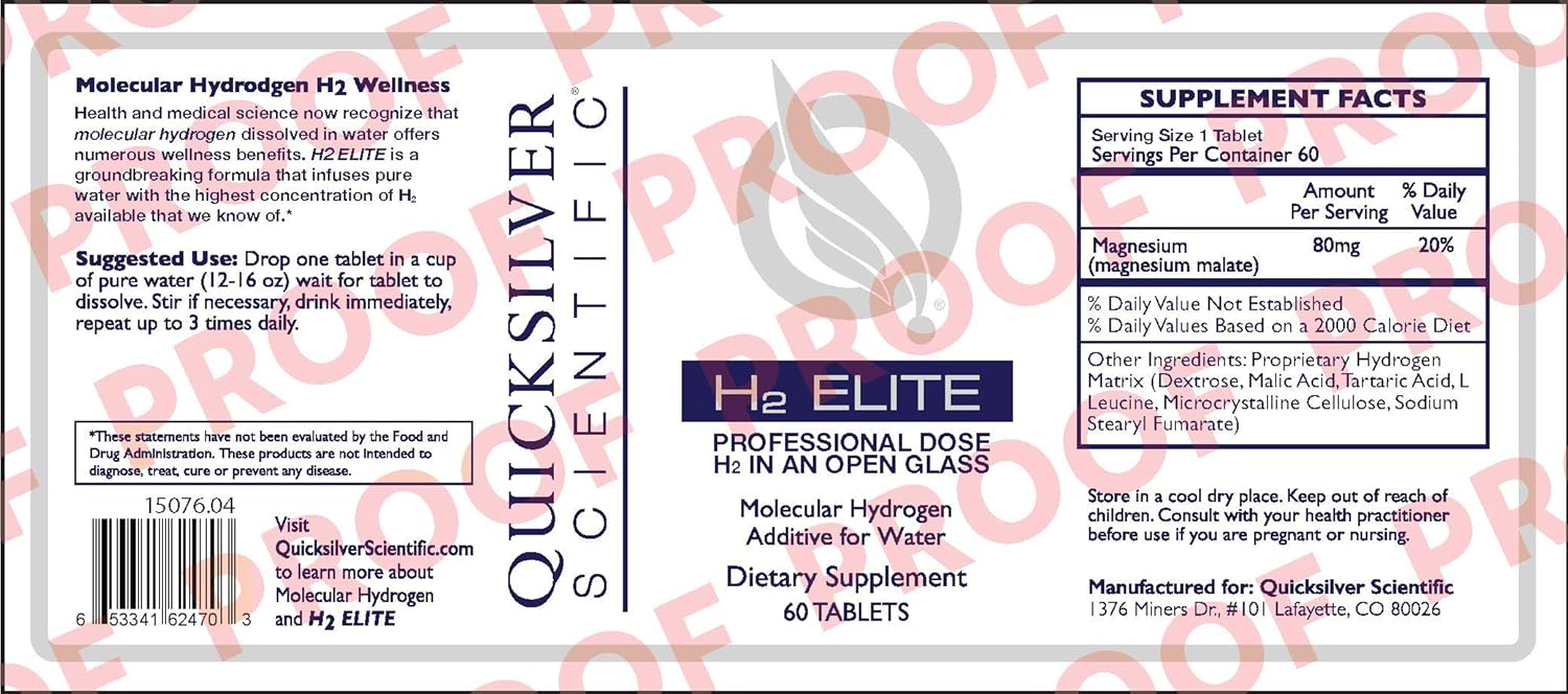 Quicksilver Scientific H2 Elite - Molecular Hydrogen for Energy + Metabolism Support, Water Tablets Perfect for Open Containers - Magnesium Malate Drink Additive (60 Molecular Hydrogen Tablets) : Health & Household