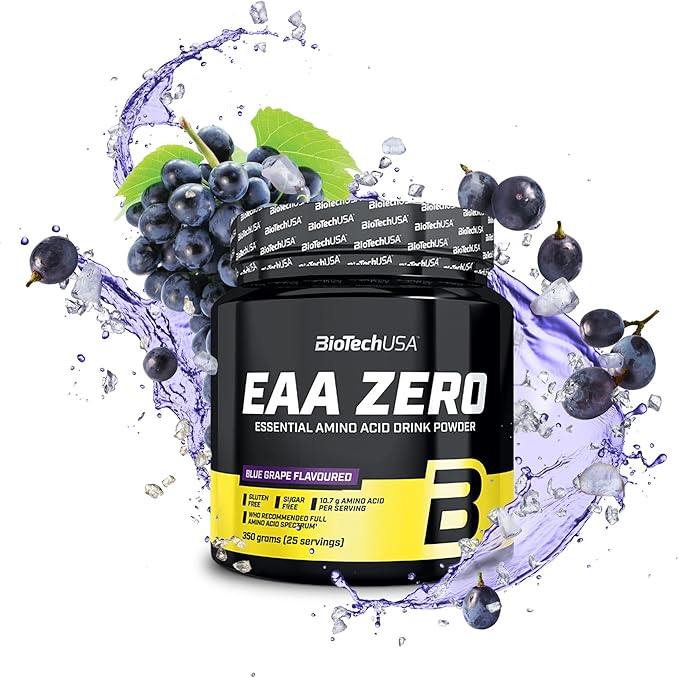 Biotechusa Eaa Zero - Essential Amino Acid Power | 7160Mg Eaa/Serving | Who Recommended Ratio | Sugar-Free, Gluten-Free, 350 G, Blue Grape