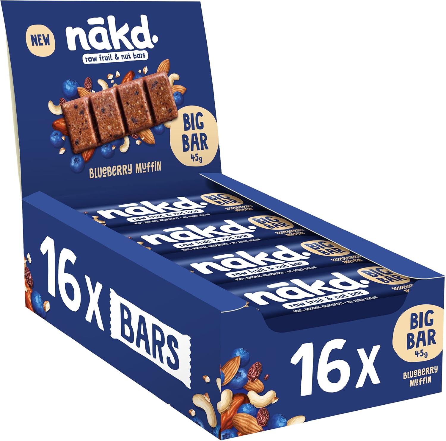 Nakd Blueberry Muffin Big Bar - Vegan - Gluten Free - Healthy Snack, 45g (Pack of 16 bars) : Amazon.co.uk: Grocery