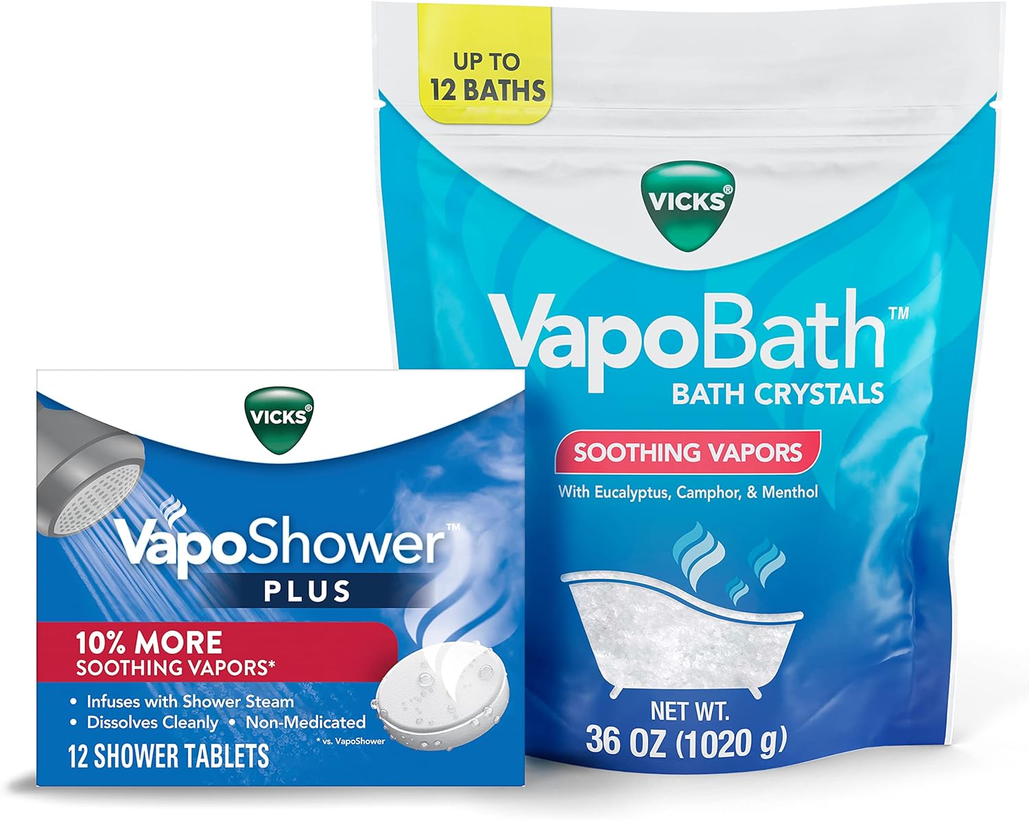 Vicks VapoShower Plus, Shower Bomb Tablets, Soothing Non-Medicated Vapors, 12 Tablets & Vicks VapoBath Bath Crystals, 36 oz Soothing Bath Soaking Solution, Steam Aromatherapy w/Eucalyptus & Menthol