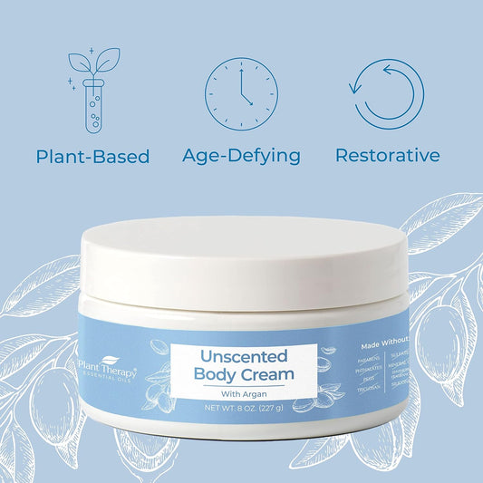 Plant Therapy Unscented Body Cream with Argan Oil 8 oz Restore Softness & Hydration, Vitamins and Antioxidants to Soften, Smooth, and Firm Skin