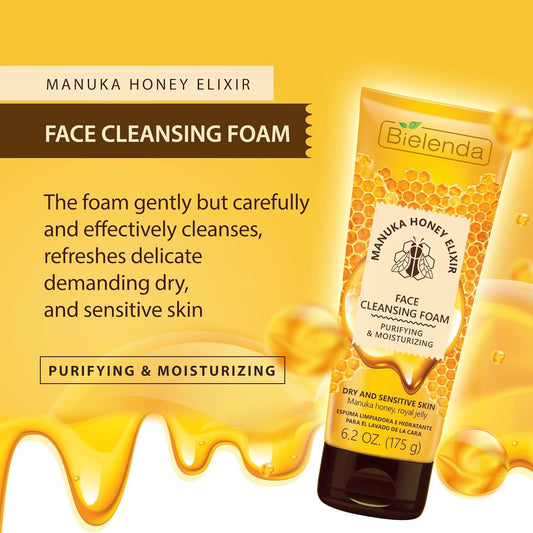 Bielenda Manuka Honey Nutri Elixir - Effectively Cleanses And Refreshes Demanding Dry And Sensitive Skin - Manuka Honey Cleansing And Moisturizing Face Foam For Dry And Sensitive Skin - 175 G