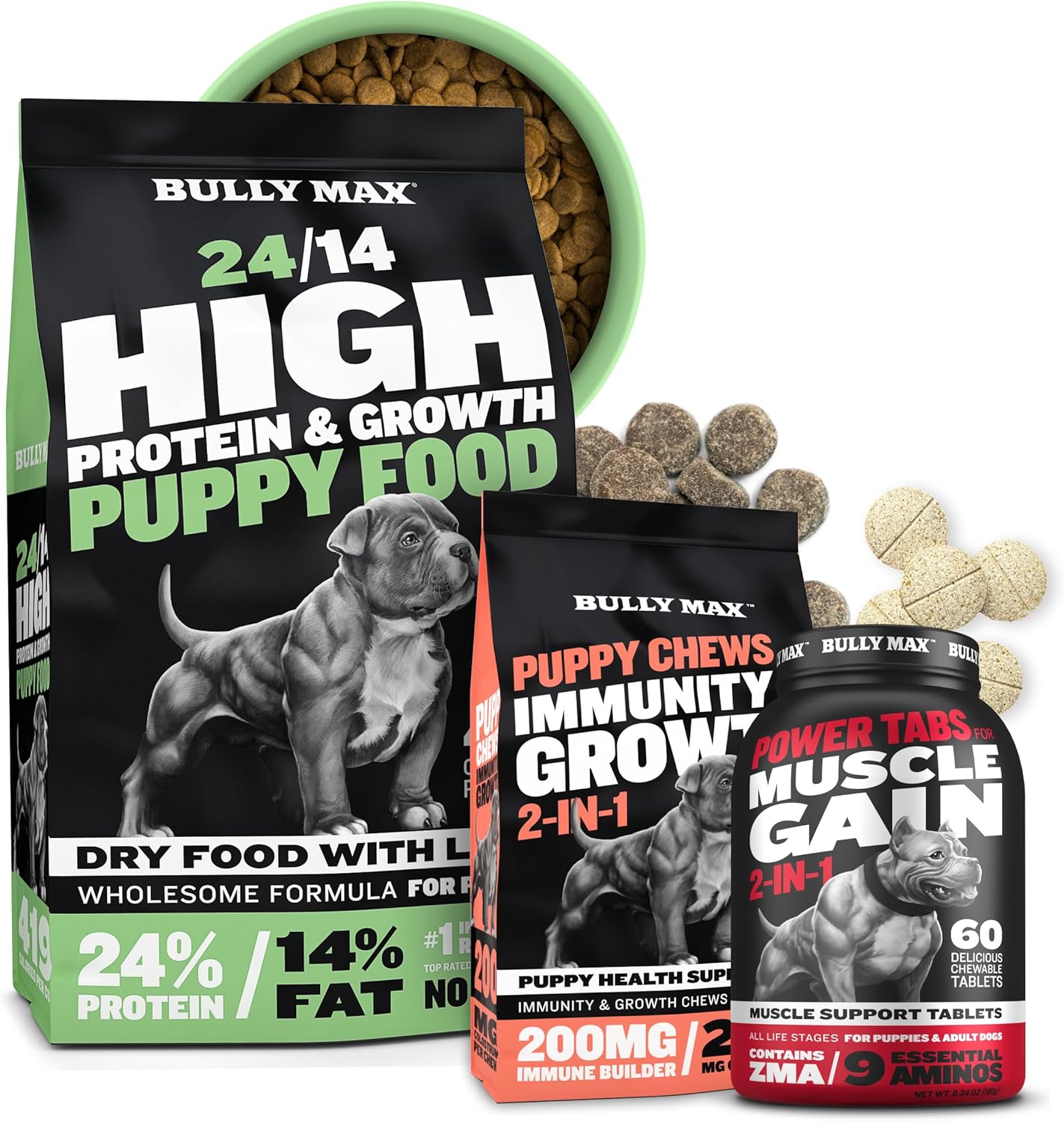 Bully Max Complete Puppy Starter Kit - High Protein 5Lbs Puppy Food, Immunity Puppy 75Pcs Chews & Muscle Builder 60 Tabs Bundle - Optimal Growth & Development For All Breeds, Small Dogs & Large Breed