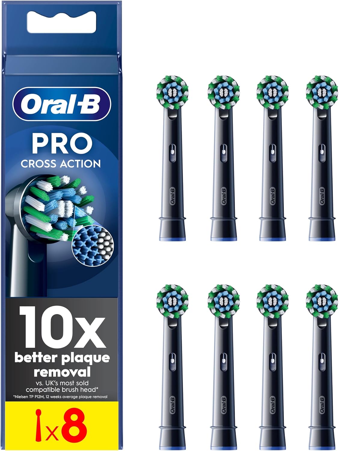 Oral-B Pro Cross Action Electric Toothbrush Head, Oral B Electric Toothbrush Heads, X-Shape And Angled Bristles For Deeper Plaque Removal, Pack Of 8 Replacement Toothbrush Heads, Black
