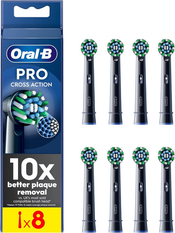 Oral-B Pro Cross Action Electric Toothbrush Head, Oral B Electric Toothbrush Heads, X-Shape And Angled Bristles For Deeper Plaque Removal, Pack Of 8 Replacement Toothbrush Heads, Black