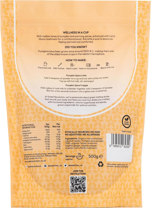 Organic Pumpkin Spice Latte With Lion’S Mane Barista Blend (1 X 500G) Catering Pack. Caffeine Free, Gluten Free, Dairy Free, Refined Sugar-Free