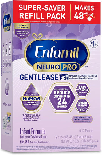 Enfamil NeuroPro Gentlease Baby Formula, Brain Building DHA, HuMO6 Immune Blend, Designed to Reduce Fussiness, Crying, Gas & Spit-up in 24 Hrs, has Prebiotics to Promote Softer Stools, Baby Milk, 30.4 Oz Refill