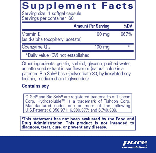 Pure Encapsulations Q-Gel 100 (Hydrosoluble CoQ10) | CoQ10 with Vitamin E to Enhance Solubility | 60 Softgel Capsules