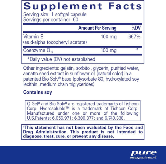 Pure Encapsulations Q-Gel 100 (Hydrosoluble Coq10) | Coq10 With Vitamin E To Enhance Solubility | 60 Softgel Capsules