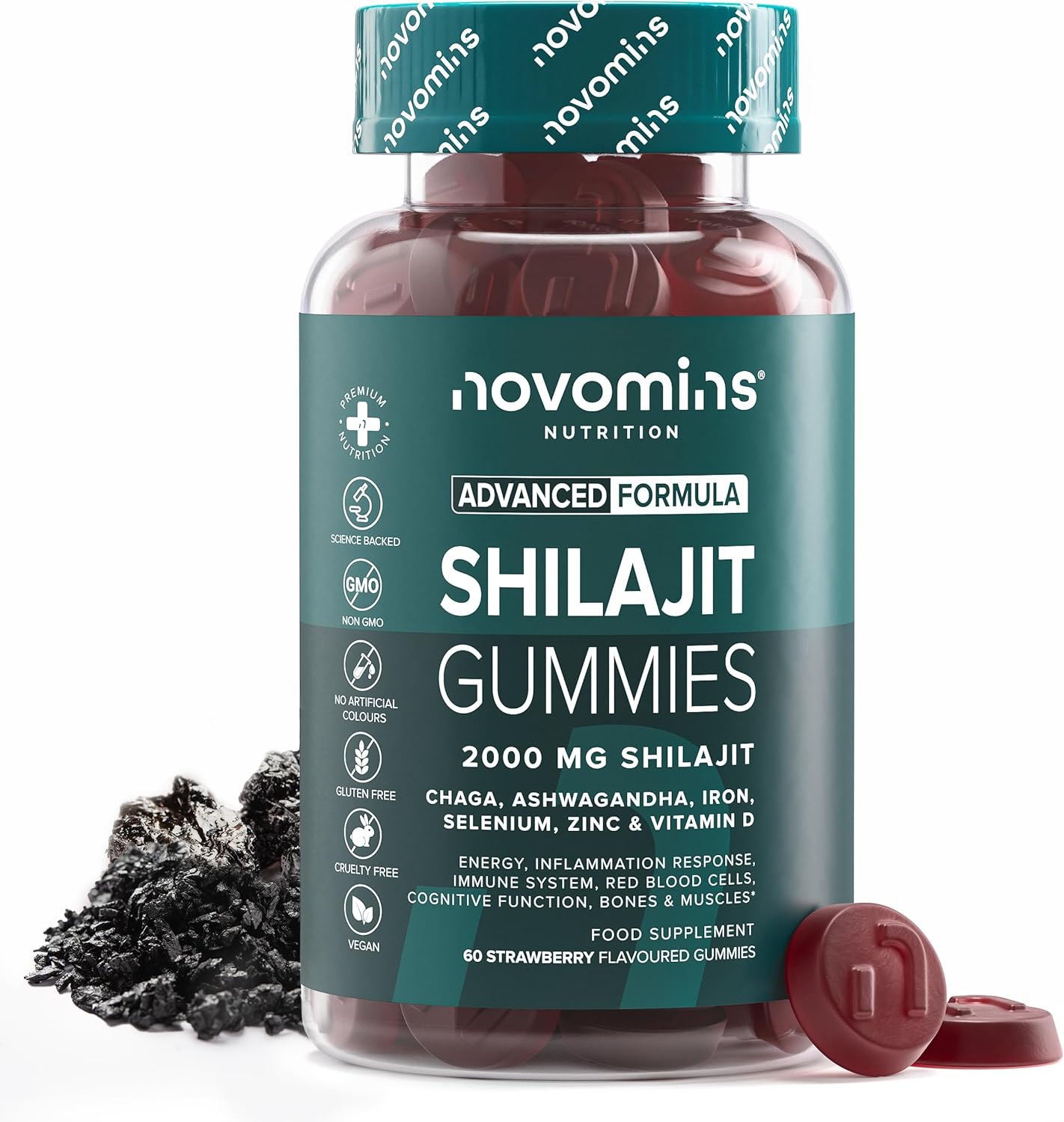 Shilajit Gummies – 2000Mg High Strength Shilajit With Ashwagandha, Chaga, Zinc, Iron, Selenium & Vitamin D – Himalayan Gummies For Men & Women – Energy, Brain & Immune Support – Novomins