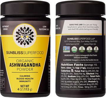 SunblissSuperfood Organic Ashwagandha Powder | USDA Certified Organic, Vegan and Non GMO | Nootropic Adaptogen Powder | Pure Ashwagandha Root Supplement with No Fillers