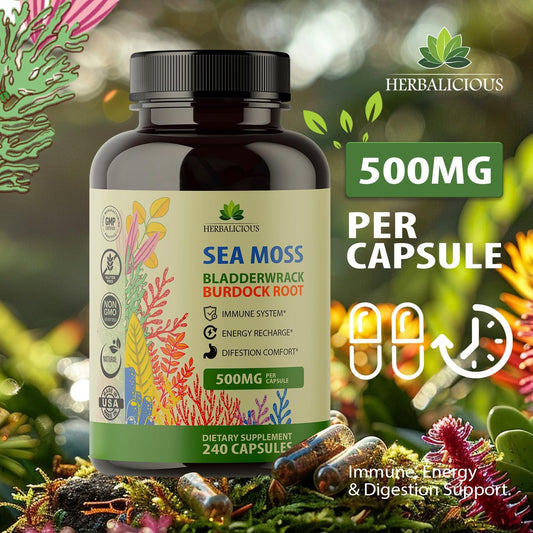 Sea Moss Capsules – Irish Sea Moss Pills With Bladderwrack & Burdock Root – 240 Capsules, 1000Mg Per Serving – Immune Support, Thyroid & Gut Health – Vegan Superfood Supplement