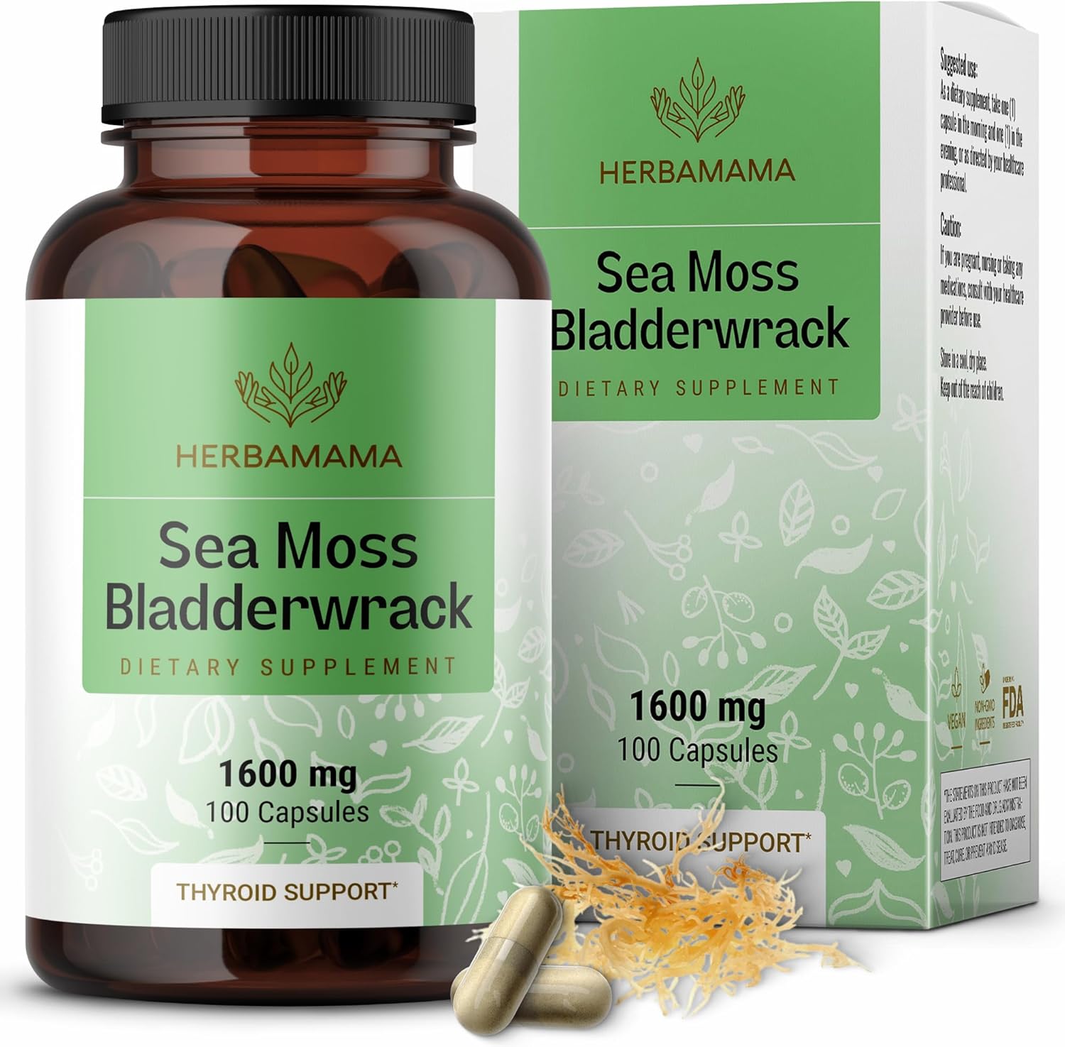 Herbamama Sea Moss And Bladderwrack Capsules - 1600 Mg Irish Sea Moss For Digestive Health & Immune Support - Vegan, Non-Gmo - 100 Caps