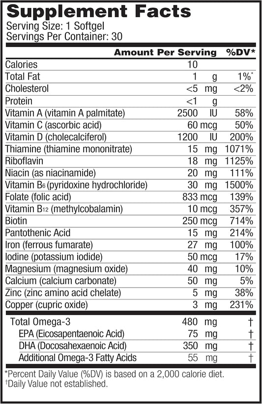 Oceanblue Prenatal Multivitamin with Omega- 3 DHA Fish Oil for Pregnant Women - 30 ct - Essential Complete Pregnancy Support – with 350 MG DHA, Folic Acid, B12 – 30 Day Supply