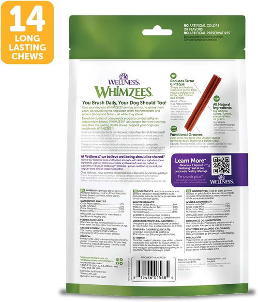 Whimzees By Wellness Stix Natural Dental Chews For Dogs, 3X Longer Lasting & Grain-Free, Freshen Breath & Fight Plaque & Tartar, Medium Breed, 14 Count