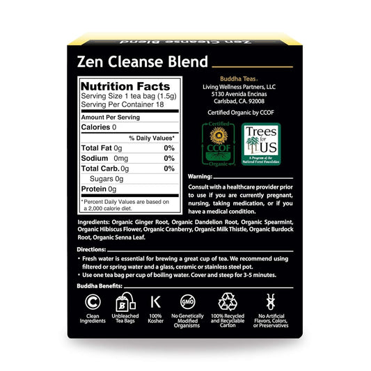 Buddha Teas Organic Zen Cleanse Blend - Ou Kosher, Usda Organic, Ccof Organic, 18 Bleach-Free Tea Bag