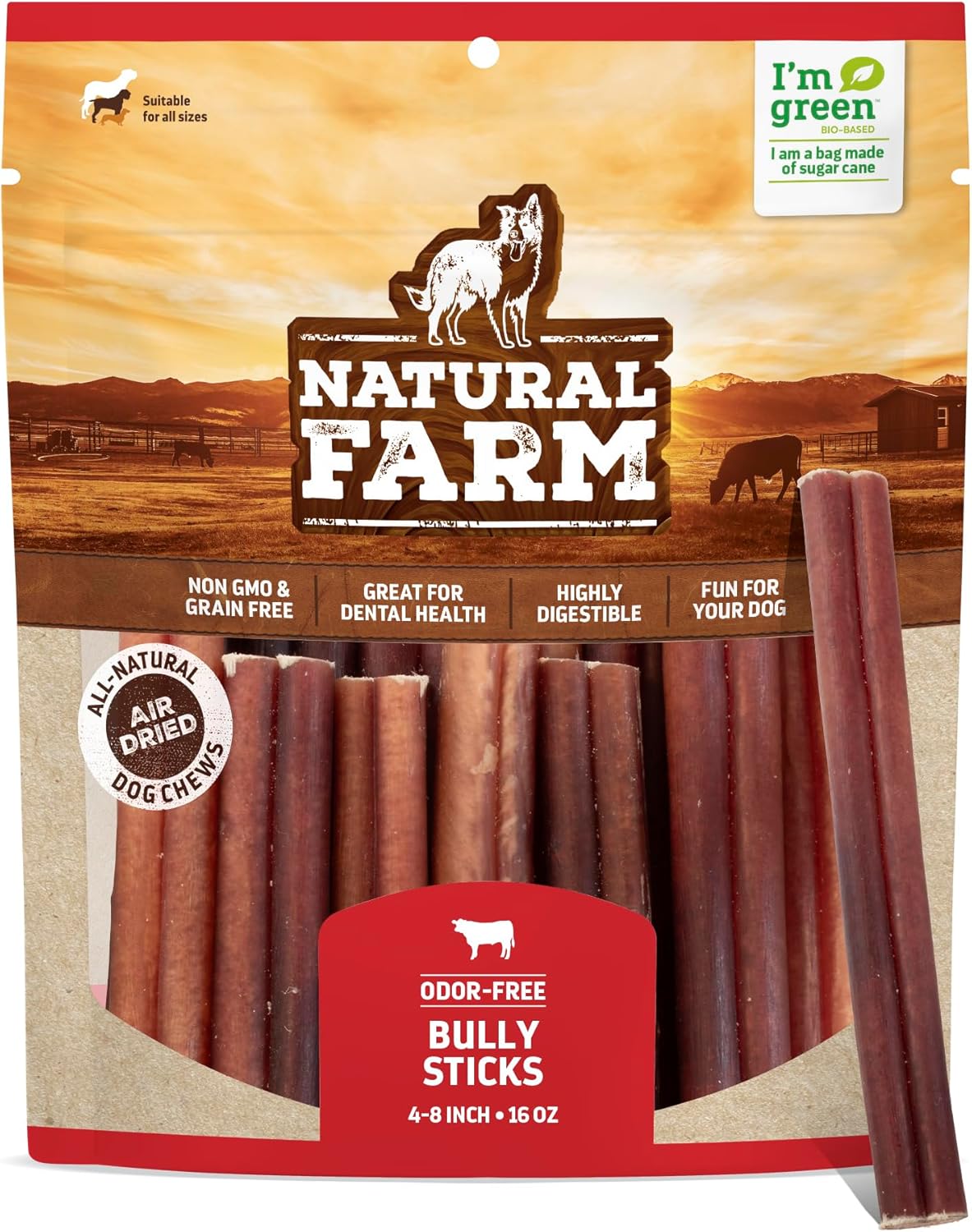 Natural Farm Odor-Free Bully Sticks (4-8”, 16Oz) All-Natural Long-Lasting Chews, 100% Beef Pizzle, Grass-Fed, Grain-Free, Hormone-Free, Protein For Muscle Development & Energy, Perfect For Medium Dogs