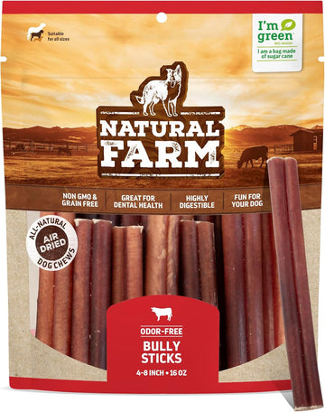 Natural Farm Odor-Free Bully Sticks (4-8”, 16Oz) All-Natural Long-Lasting Chews, 100% Beef Pizzle, Grass-Fed, Grain-Free, Hormone-Free, Protein For Muscle Development & Energy, Perfect For Medium Dogs