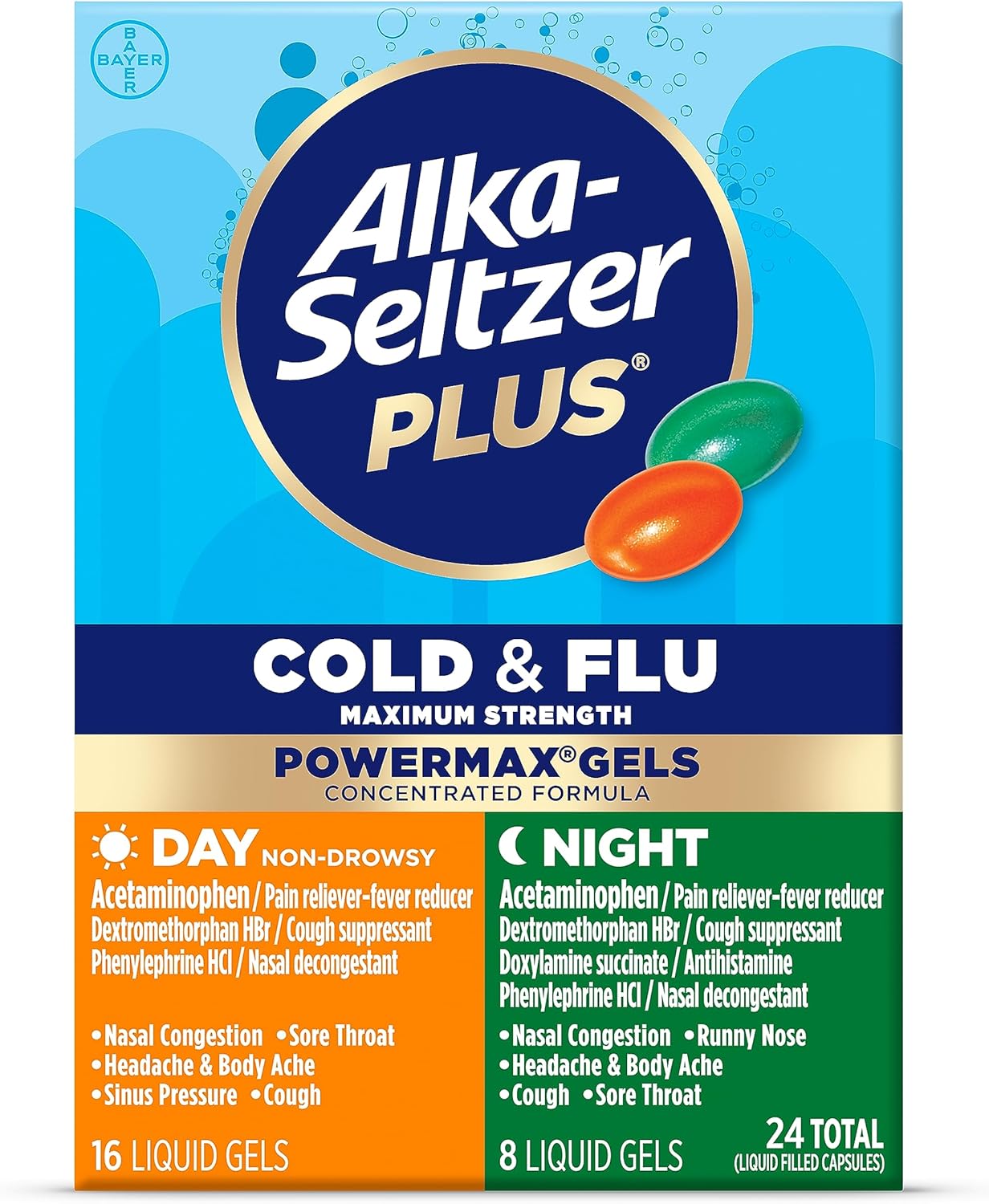 Alka-Seltzer Plus Power Max Cold And Flu Medicine, Day+Night, - Maximum Strength (Per 4 Hour Dose) Relief Cold And Flu Medicine For Adults And Children 12 Years And Older, 24 Count, Packaging May Vary