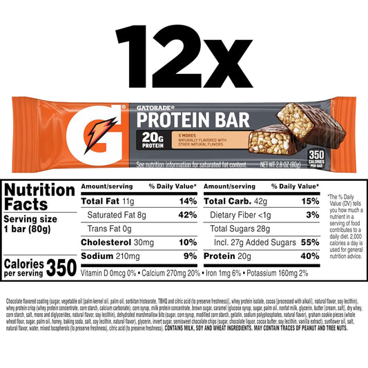 Gatorade Whey Protein Recover Bars, S'Mores, 12 Count(Pack Of 1)