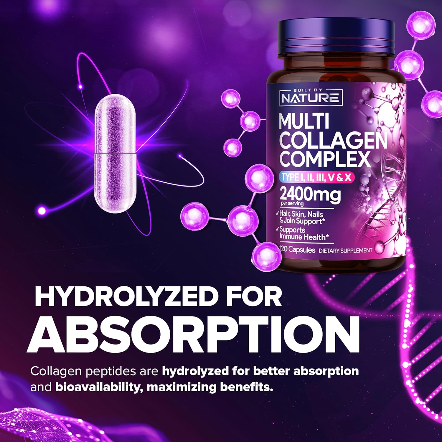 Built By Nature Collagen Pills – Multi Collagen Peptides Complex Supplement For Women – Type I, Ii, Iii, V, X For Hair, Skin, Nails, Joints & Bone Health - Hydrolyzed, Grass-Fed - 120 Capsules : Health & Household