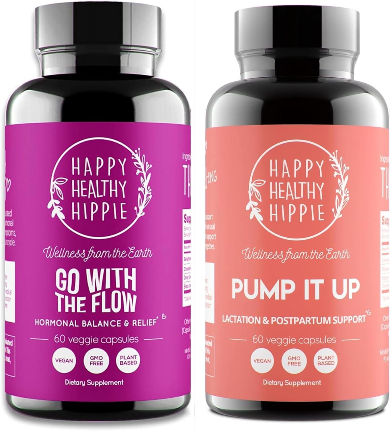 Happy Healthy Hippie Motherhood Bundle (2-Pack) - Go With The Flow Hormone Balance Supplement (60Ct) & Pump It Up Lactation Support (60Ct)