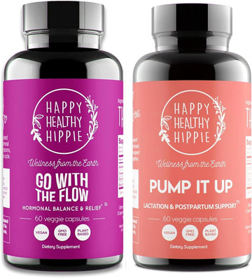 Happy Healthy Hippie Motherhood Bundle (2-Pack) - Go With The Flow Hormone Balance Supplement (60Ct) & Pump It Up Lactation Support (60Ct)