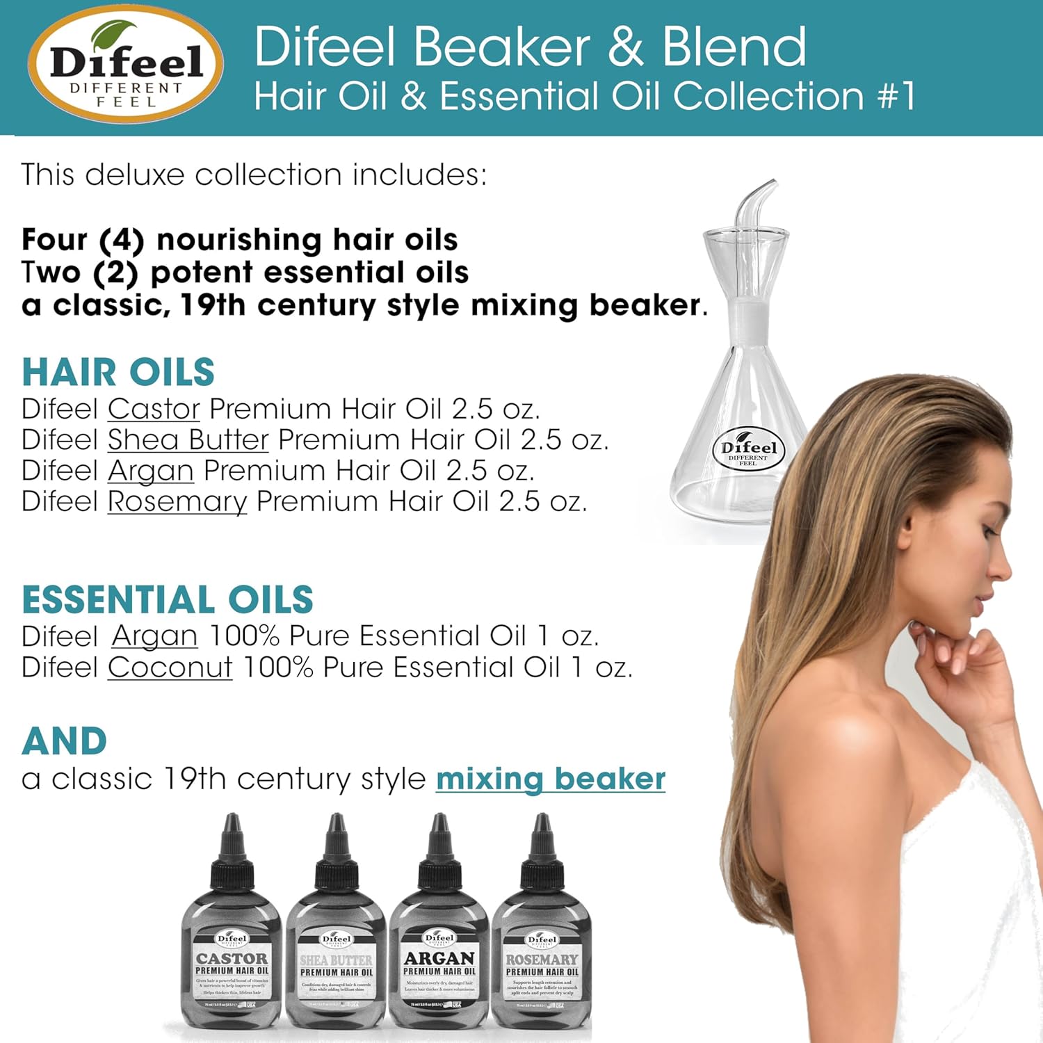 Difeel Beaker & Blend Hair & Essential Oil Kit #1 - Includes Castor, Shea Butter, Argan, Rosemary Hair Oils, Argan & Coconut Essential Oils And A Mixing Beaker - Customizable Hair Treatment Collection : Beauty & Personal Care