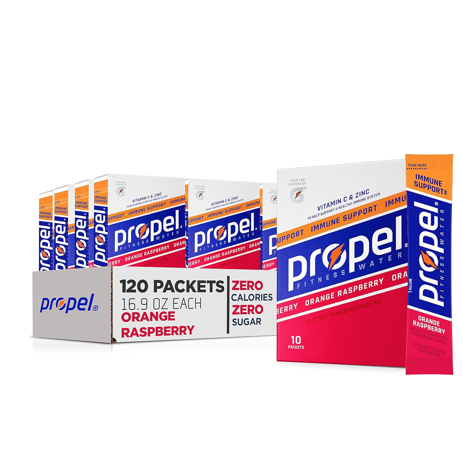 Propel Immune Support With Vitamin C + Zinc Powder Packets, Orange Raspberry,10 Count (Pack Of 12)