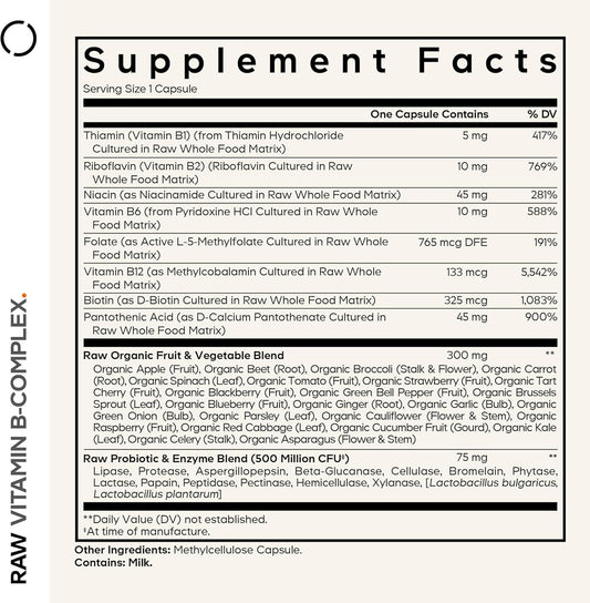 Codeage Raw Vitamin B-Complex Supplement - Essential B Vitamins With Probiotics, Digestive Enzymes, Fruits & Vegetables - 2-Month Supply - Methylfolate - Biotin - Vitamin B12 - Non-Gmo - 60 Capsules