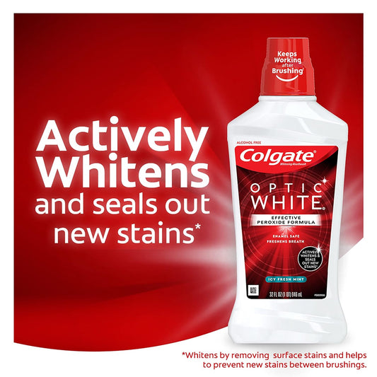 Colgate Optic White Whitening Mouthwash With Hydrogen Peroxide, Alcohol Free, Icy Fresh Mint - 32 Fluid Ounces (6 Pack)