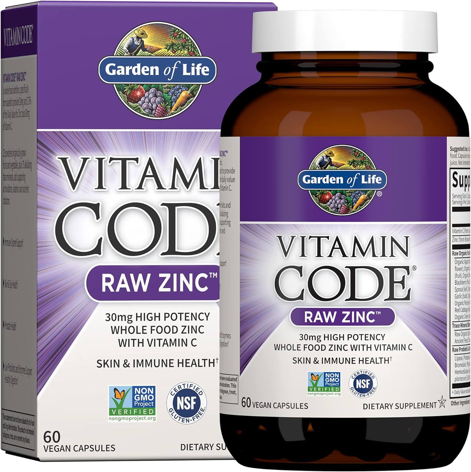 Garden of Life Zinc Supplements 30mg High Potency Raw Zinc and Vitamin C Multimineral Supplement, Vitamin Code Vitamins Trace Minerals & Probiotics for Skin Health & Immune Support, 60 Vegan Capsules