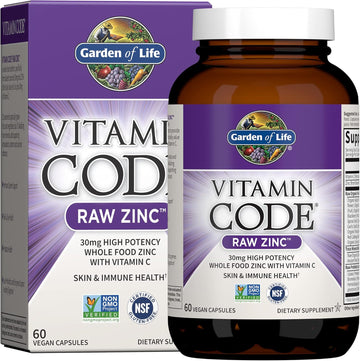Garden Of Life Zinc Supplements 30Mg High Potency Raw Zinc And Vitamin C Multimineral Supplement, Vitamin Code Vitamins Trace Minerals & Probiotics For Skin Health & Immune Support, 60 Vegan Capsules