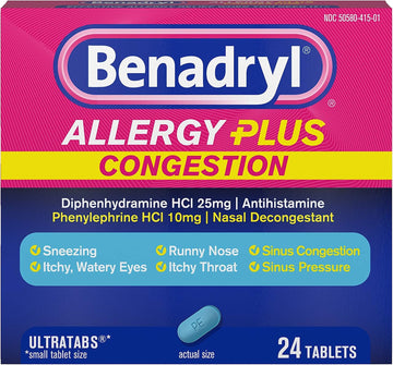 Benadryl Allergy Plus Congestion Ultratabs With Diphenhydramine Hcl Antihistamine & Phenylephrine Hcl Nasal Decongestant, Allergy & Sinus Congestion Relief Tablets, 24 Ct