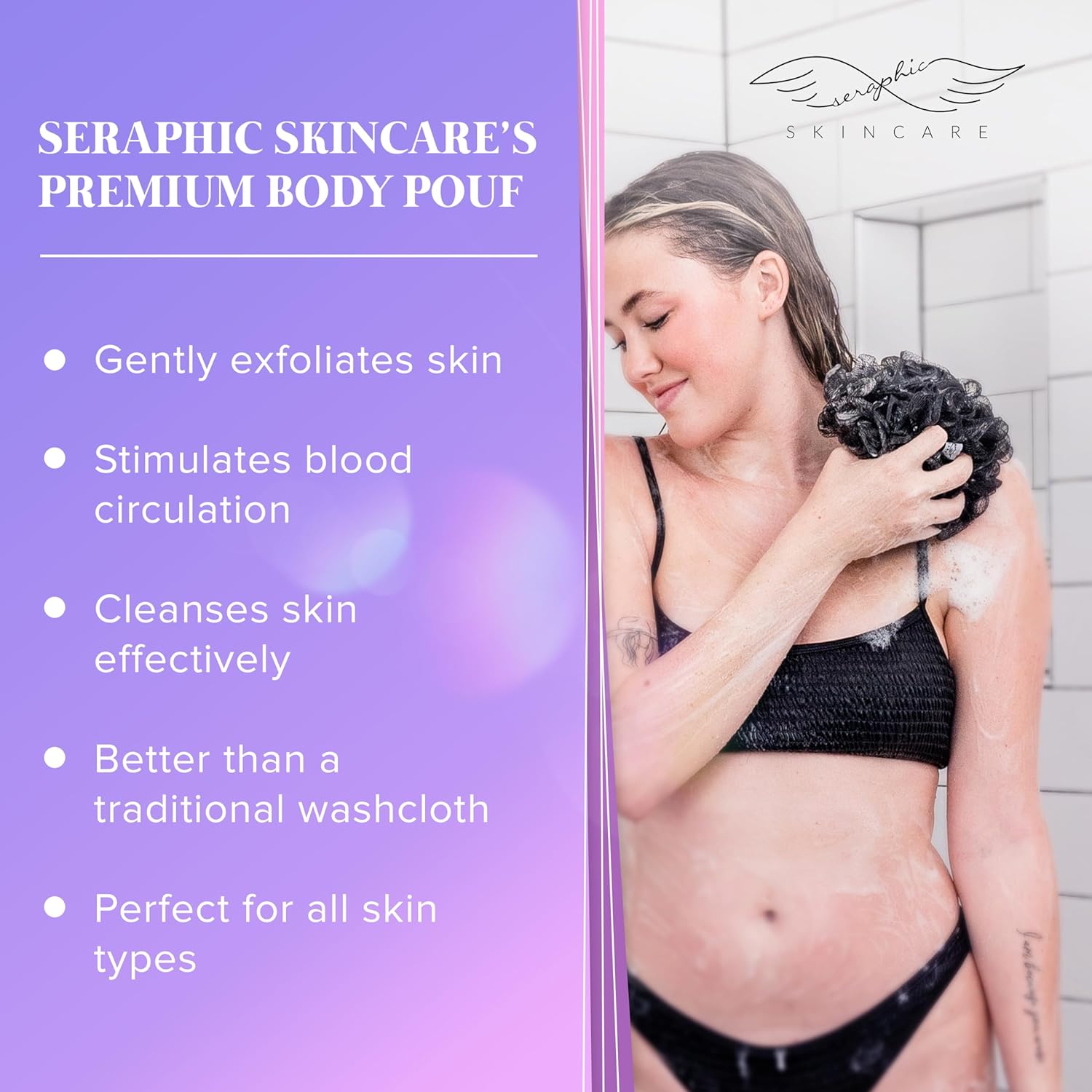 Seraphic Skincare Premium Body Pouf Loofah – 100g Shower Pouf Body Exfoliator for Gentle Exfoliation and Cleansing – Premium Exfoliating Body Scrubber to Reveal Silky Smooth, Glowing Skin (Black) : Beauty & Personal Care